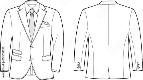 Men’s suit jacket technical fashion illustration, front and back view, vector flat sketch, tailoring design, cad drawing flat vector illustration