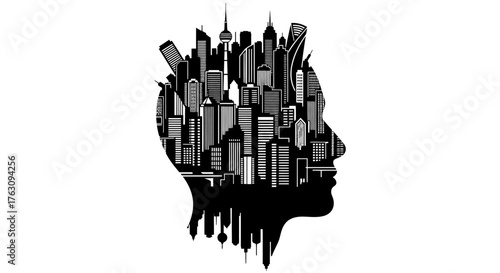 Urban Mind Cityscape Silhouette Profile with Buildings and Structures