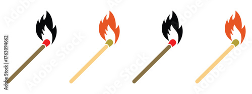 Burning Matchstick Icons Set – Realistic Flame Silhouette Collection on White Background