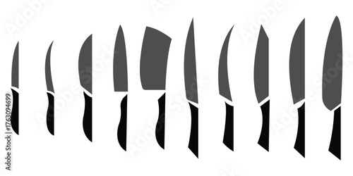 Butcher Cleaver and Kitchen Knife Icon Set – Hand Drawn Meat Cutting Tools and Utensils Collection on White Background