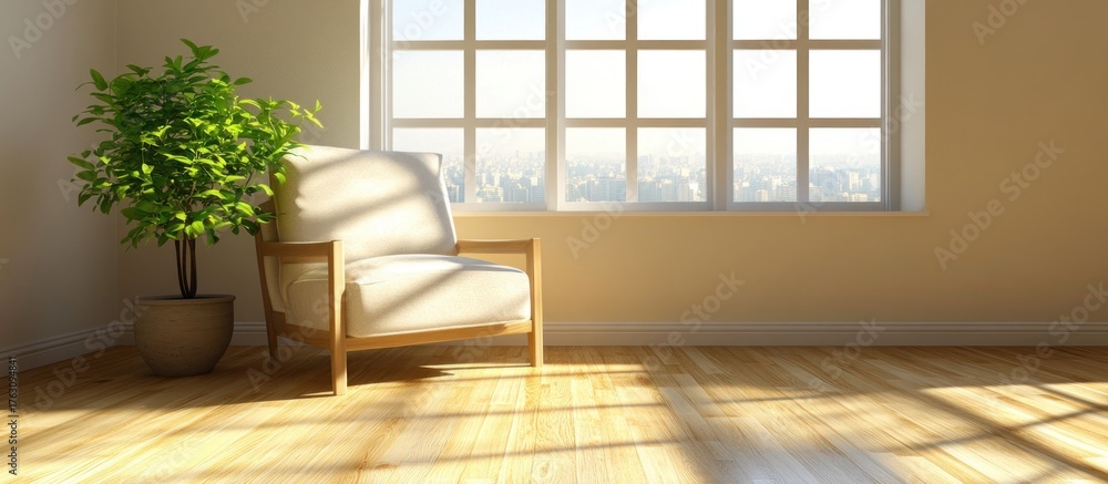 Fototapeta premium Sunny room with chair and plant by window