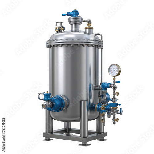 Industrial stainless steel fermentation tank with pressure gauge and valves for brewing or chemical processing isolated on transparent background