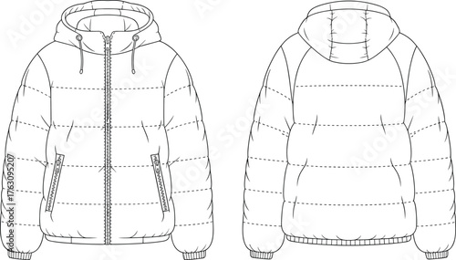 Puffer jacket technical flat sketch, front and back view, hooded winter coat design, quilted outerwear fashion CAD drawing vector illustration
