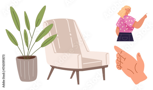 Woman in casual outfit pointing, modern armchair with angled legs, potted leafy plant, hand gesture. Ideal for home decor, lifestyle, communication, relaxation, furniture interior flat metaphor