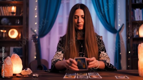 A woman with long hair, dressed in a patterned top, sits at a table, focused on tarot cards in a dimly lit room
