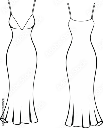 Mermaid silhouette dress, fitted gown, spaghetti straps, deep V-neckline, technical fashion sketch, front and back view, elegant hem, cad drawing flat vector illustration