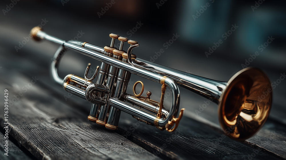Obraz premium Close up a beautiful silver trumpet is on the wooden table.