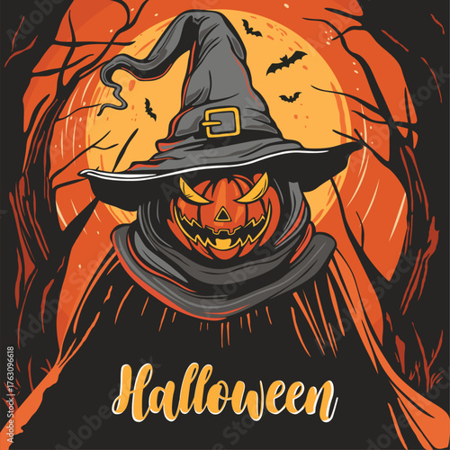 Halloween illustration, character with a pumpkin instead of a head and a large moon in the background