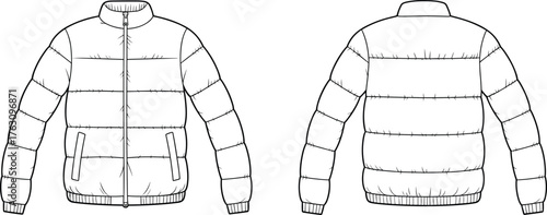 Puffer jacket, quilted winter coat, front and back technical drawing, flat fashion sketch, CAD apparel design, ribbed cuffs, vector illustration