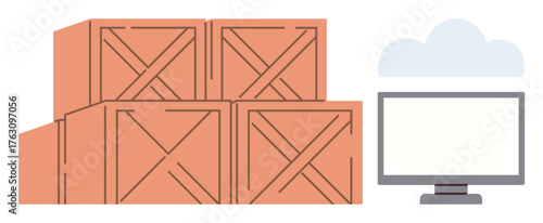 Wooden crates stacked with digital monitor and cloud icon concept. Ideal for logistics, shipping, inventory, supply chain, technology, data management, e-commerce. Simple flat metaphor
