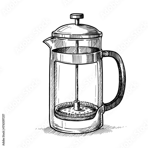 French press coffee pot in sketch style with detailed design  