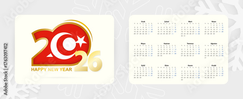 Horizontal Pocket Calendar 2026 in Turkish language. New Year 2026 icon with flag of Turkey.