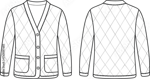 Quilted cardigan jacket flat sketch, fashion technical drawing, vector illustration, front and back view, apparel design, garment CAD template