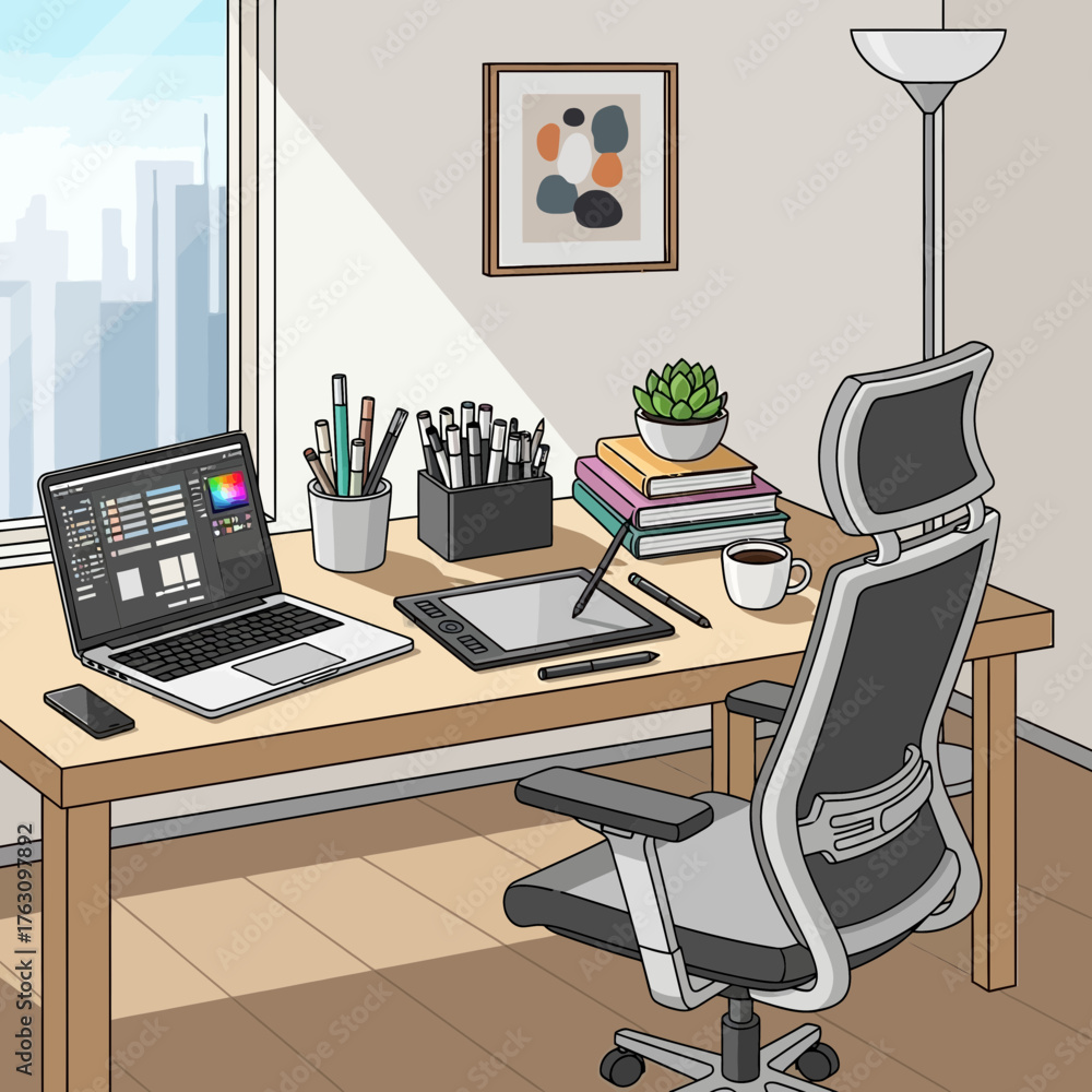 Fototapeta premium Modern Home Office Setup with Laptop and Drawing Tablet.