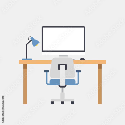 Modern Home Office Setup with Computer Monitor and Desk Chair.