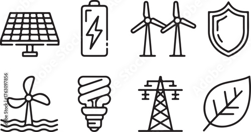 Renewable Energy Icons – Solar Panels, Wind Turbines, Power Grids, and Green Technology Symbols in Line Art