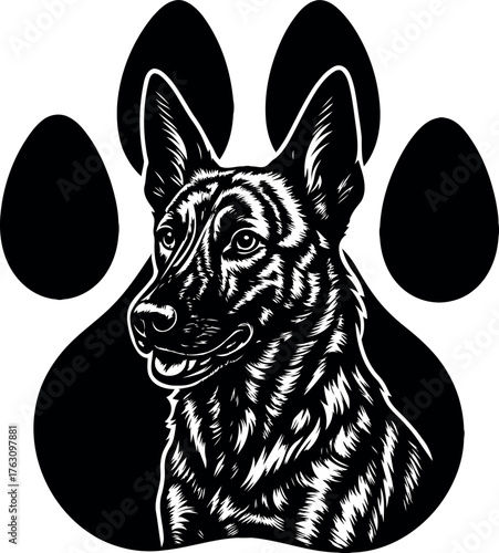  Dutch Shepherd dog paw print with head silhouette design.
