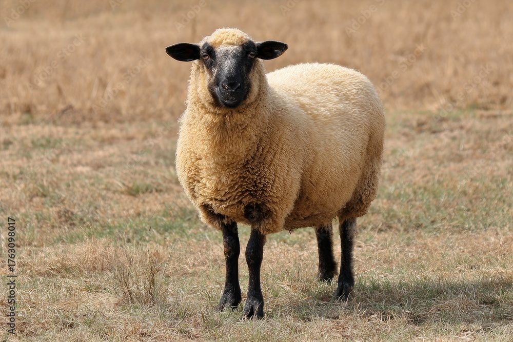 Fototapeta premium A fluffy sheep with a black face stands in a dry grassy field