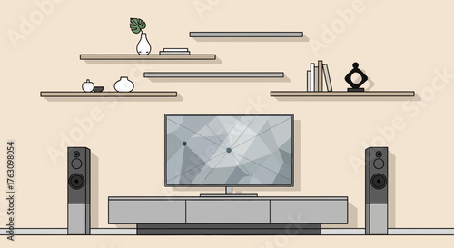 Modern Living Room Entertainment Setup with Television and Speakers 1.