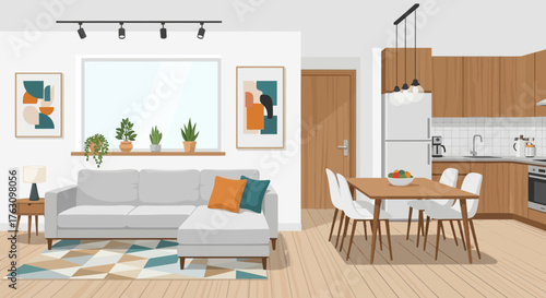 Modern Living Room and Kitchen Area with Furniture and Decor.