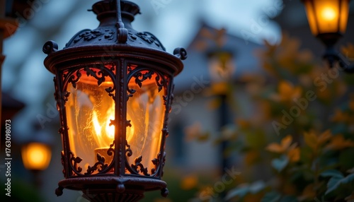 a cozy nighttime setting with a lit lantern hanging from what appears to be a light fixture in the foreground, illuminating a pathway that leads the eye towards a darkene