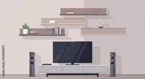 Modern Living Room Entertainment Setup with Television and Speakers.