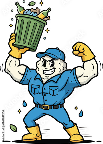 Muscular Cloud Mascot Sanitation Worker Lifting Trash Can Vector Illustration