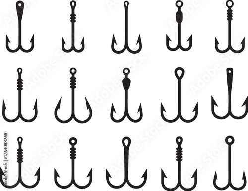 Fishing Hook Icons in Black and White for Angling, Outdoor, and Sports Design Projects