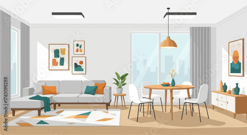 Modern Living Room Interior with Sofa Dining Table and Art Decor.