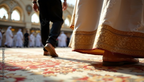 a moment during a formal event in a large hall adorned with ornate rugs
