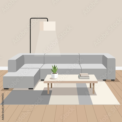 Modern living room with sectional sofa and coffee table.