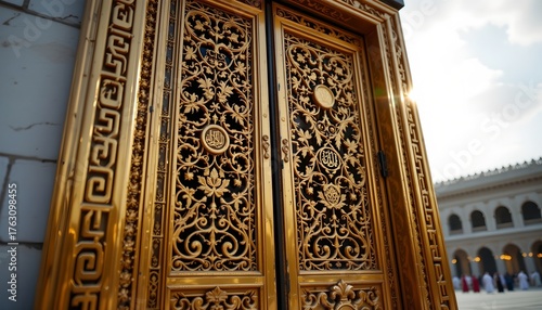 an elaborate gold colored door, which is decorated with intricate patterns and greek key motifs