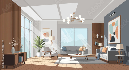 Modern Living Room with Natural Light and Abstract Art.