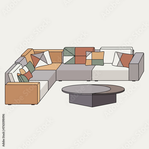 Modern modular sectional sofa with colorful geometric cushions and a round coffee table.