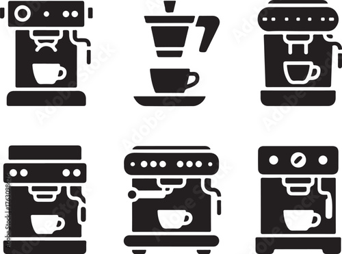Coffee Machine Icons in Black and White for Beverage, Cafe, and Kitchen Design Projects