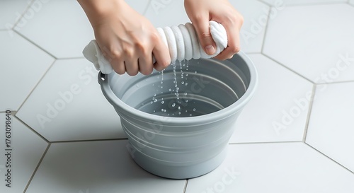Hands wringing out a wet white cloth into a grey bucket of water
