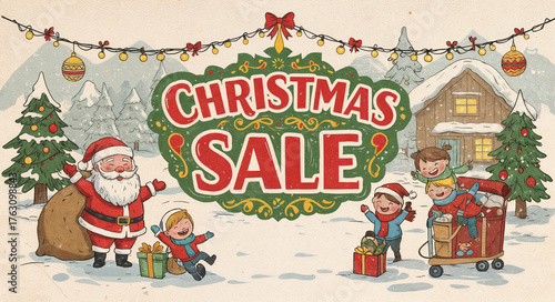 A Christmas sale ad with Santa, kids, and a off offer in a snowy scene, ideal for urgent holiday promotions, family-oriented ads, and festive bargain campaigns.