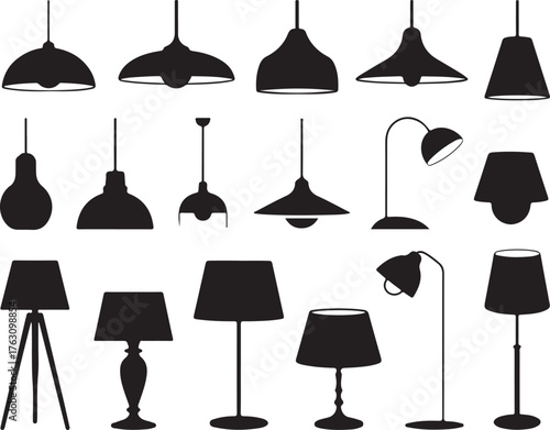 Black and White Icons of Various Light Fixtures and Lamps