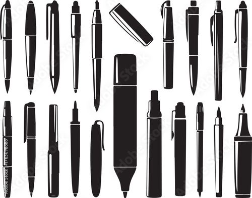 Black and White Illustration of Various Types of Pens and Markers