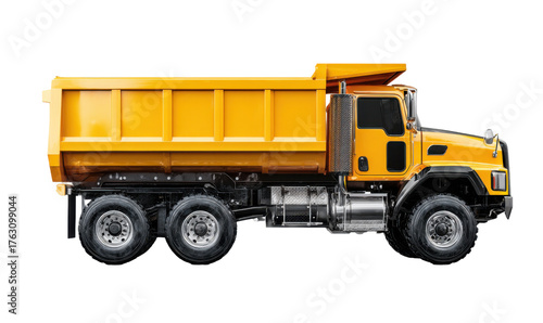Side view of a large yellow dump truck with its bed raised, ready for unloading.