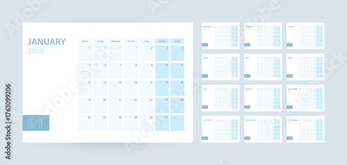 Monthly calendar template for the year 2026, the week starts on Monday. The calendar is in a blue color scheme.