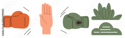 Orange and green boxing gloves halted by an open hand, paired with greenery and soft cloud shapes. Ideal for conflict resolution, negotiation, peace, compromise, harmony, teamwork, mindfulness