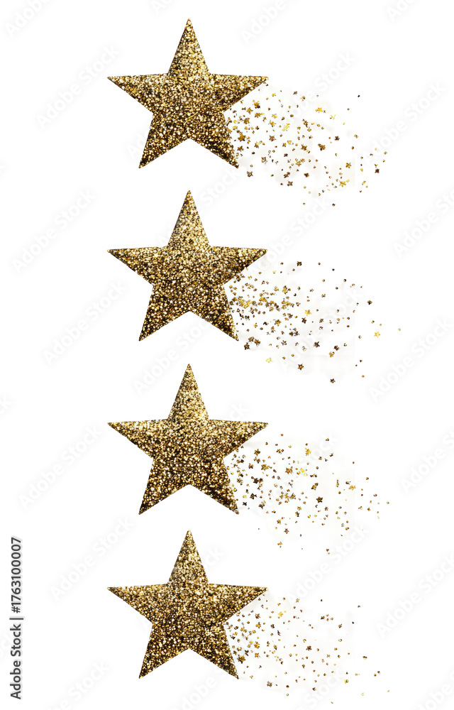 Obraz premium A vertical row of four gold stars, each trailing a white, fragmented, comet-like substance