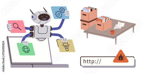 Robot multitasking on a laptop with search, gears, globe, and light bulb icons, filing cabinet on desk, web URL warning for bug. Ideal for AI, automation, research cybersecurity productivity data