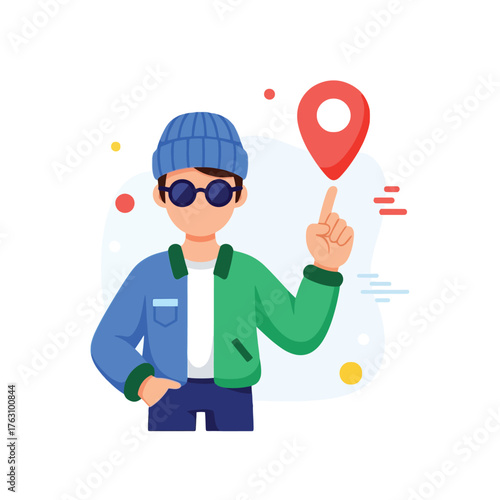 Man pointing to location pin for navigation help and GPS tracking app