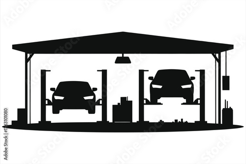 Car service station icon. Auto repair shop silhouette with vehicles on hydraulic lifts. Automotive maintenance and diagnostics garage vector illustration.