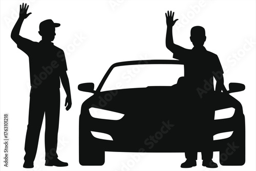 Mechanic or Car Dealer Silhouette Handing Over Vehicle to Customer. Happy People Waving Next to Modern Sedan. Successful Automotive Service or Sales Transaction Icon.