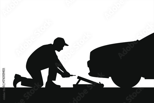 Mechanic Using Jack Under Car – Auto Repair Silhouette, Garage Technician Lifting Vehicle for Tire Change or Maintenance, Professional Automotive Service Scene, Undercarriage Work Illustration