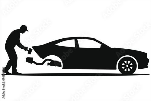 Car muffler replacement and exhaust repair-mechanic removing detached muffler from sedan, tailpipe maintenance, auto repair service, garage workshop, vehicle parts installation, automotive maintenance