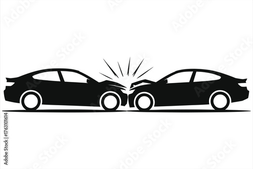 Car accident silhouette vector. Head-on collision between two vehicles. Auto crash icon for insurance and safety concepts. Isolated black illustration of wrecked automobiles on white background.